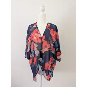 Kimono Cardigan Women’s L Blue Floral Sheer Open-Front Cover Up Boho Swimwear